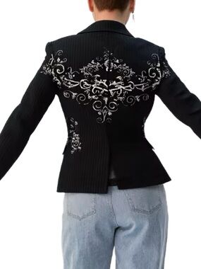 Le Chateau Vintage Black Blazer with White Designs on Front & Back Size X Small